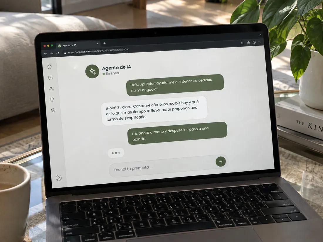 Chat de un agente de IA de Growth Studio ayudando a ordenar los pedidos de un negocio, en una laptop