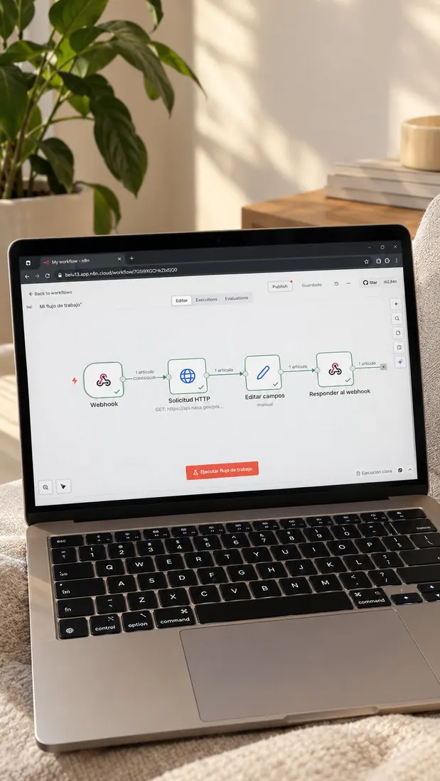 Flujo de automatización diseñado por Growth Studio, mostrado en una laptop